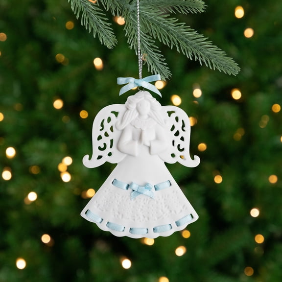 Roman Porcelain Angel Christmas Ornament with Display Stand - 6" - Blue
