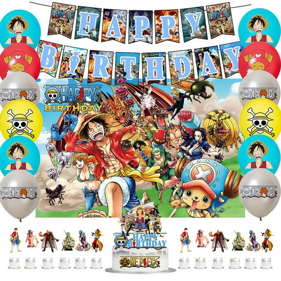 Cartoon One Piece themed birthday party supplies decoration, birthday set includes birthday banner, backdrop, balloons, cake decoration, suitable for boys and girls birthday party supplies