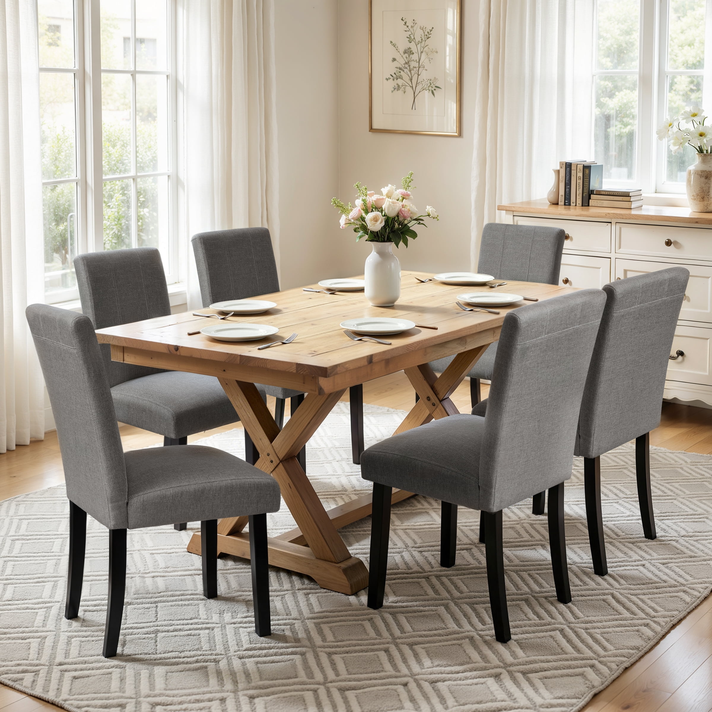 CHUN YI Upholstered Dining Chairs Set of 2, Modern Farmhouse Fabric Dining Chairs with Solid Rubberwood Frame for Kitchen & Dining Room, Dark Gray