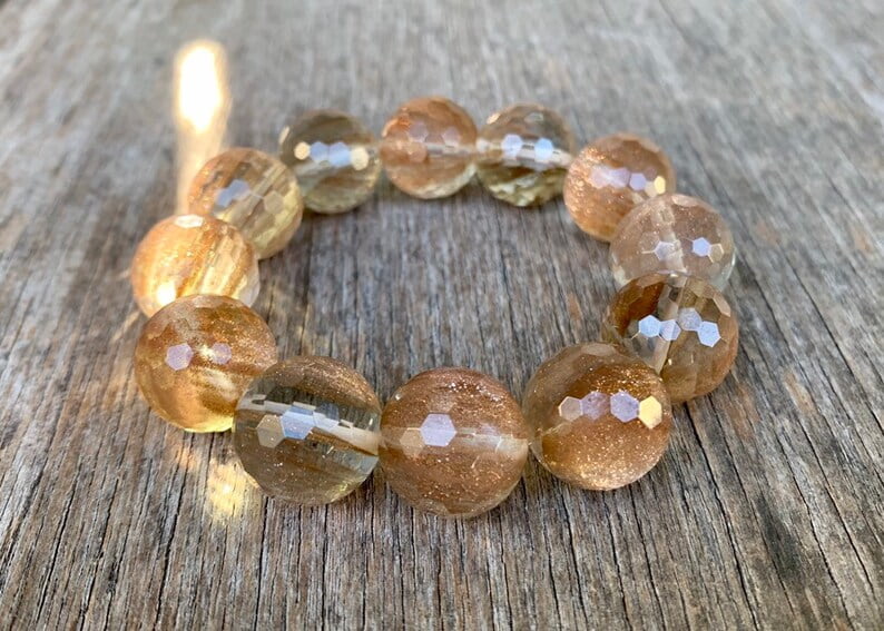Natural Confetti Sunstone 16mm Round Shape Faceted Cut Beads Stretchable Bracelet for Men & Women.