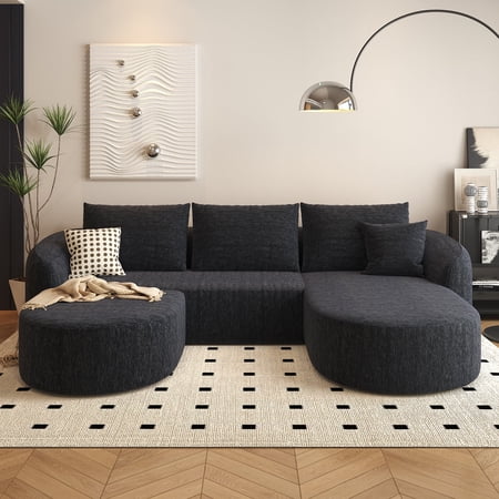 111 U Shaped Modern Modular Sectional Curved Sofa with Ottoman Minimalist Style Comfy Cloud Couch for Living Room Apartment No Assembly Required Boneless Couches (Black Right Facing Chaise)