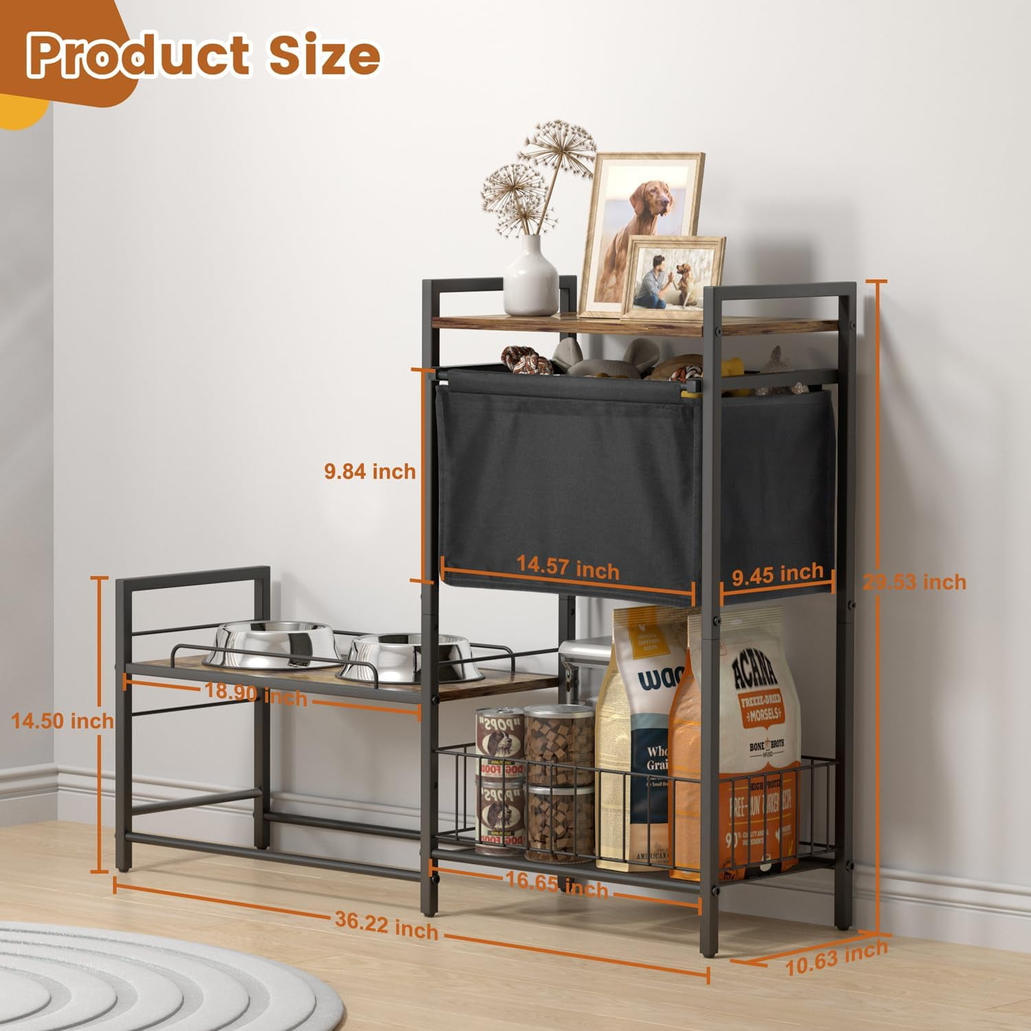 Elevated Dog Bowls Stand for X-Large & Large Breed, 7 Adjustable Heights from 2"-22" Raised Dog Feeding Station with Toy Bin Basket, Lifted Dogs Food Bowl Holder Cabinet Pet Storage Organizer