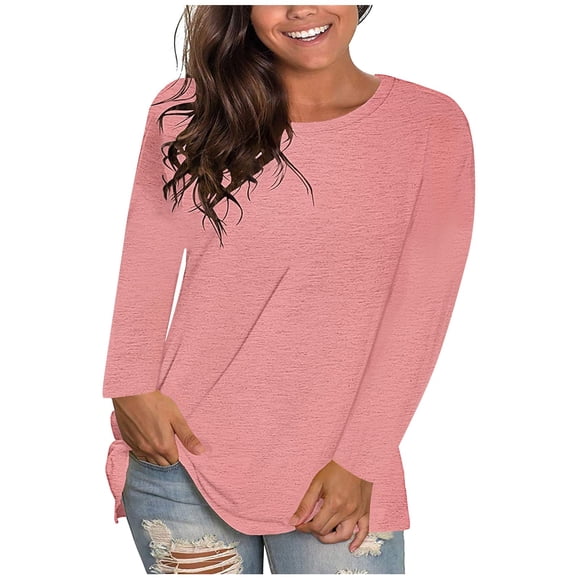 lcziwo Womens T Shirts Long Sleeve Crew Neck Shirts Solid Color Basic Tee Casual Loose Fit Tops 2024 Lightweight Comfy Blouse Deals Of The Day Clearance Pink,S
