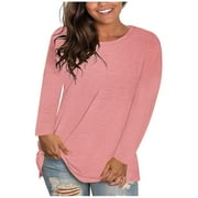 Sawvnm Plus Size Blouse for Women Women's Fashion Solid Loose Long Sleeve T-shirt Pullover Tops