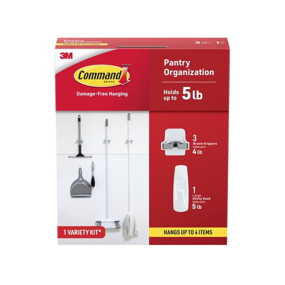 Command Pantry Organization Kit, 3 Broom Grippers and 1 Large Utility Hook, Holds up to 5 lb., Hang 4 Items