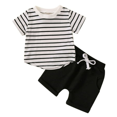 

Pejock Infant Toddler Baby Boys Clothes Outfits Shirt Short Sets Fashion Cute Short Sleeve Cartoon Stripe Print Casual Pocket Shorts Suit 6-12Months