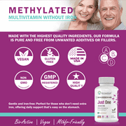 Just One Daily Methylated Multivitamin for Men & Women–60 Caps Adults MTHFR Support, Iron-Free, Natural, USA Made