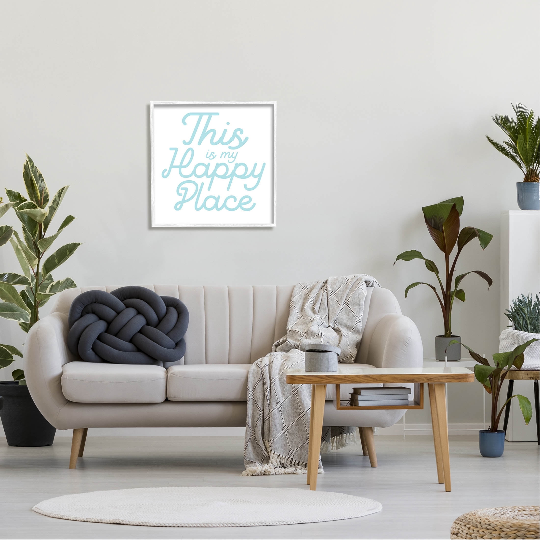 Stupell Industries Blue Happy Place Phrase Graphic Art White Framed Art Print Wall Art, Design by Daphne Polselli