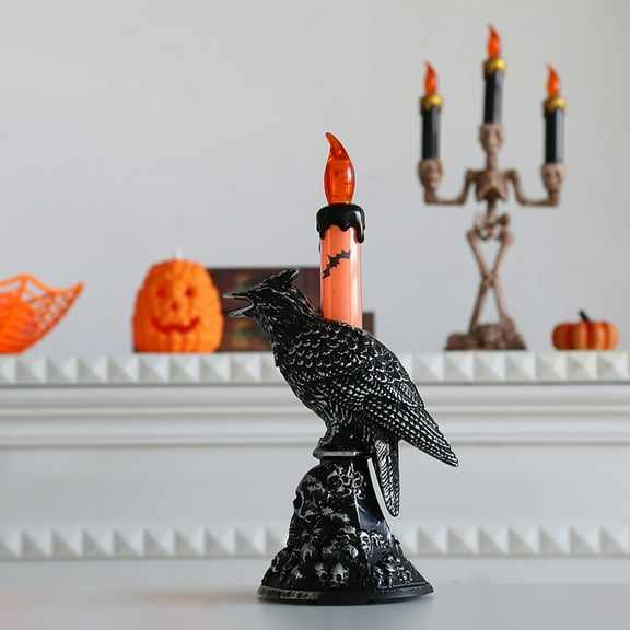 BGZLEU LED Raven Halloween Flameless Candles, Black Crow Skull Statue Candlestick, Gothic Raven/Owl Candle Stick Figurine Holder, Easter Day of the Dead Halloween Home Decor Accessory