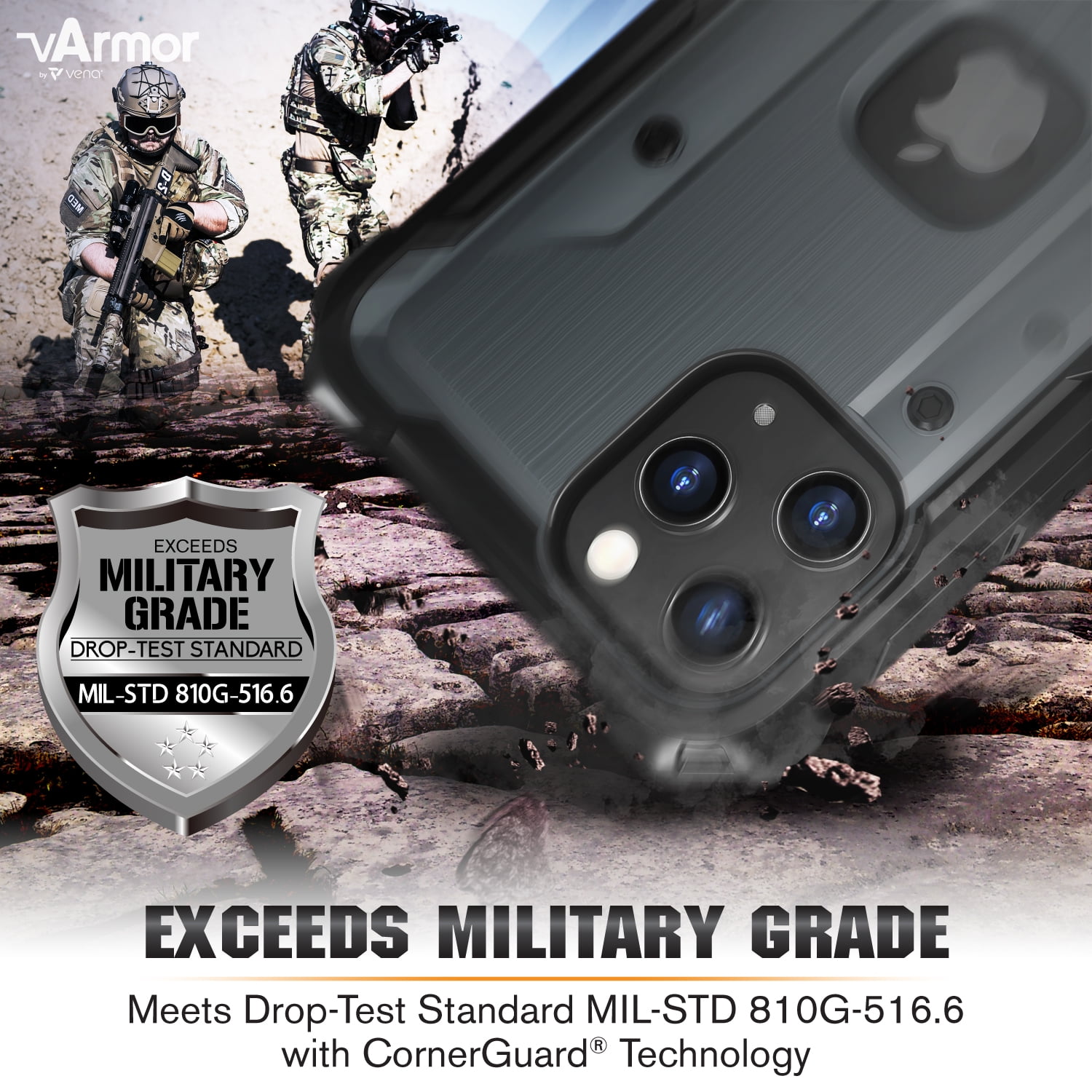 Vena iPhone 12 Pro Max (6.7") Case, [vArmor] Rugged Military Grade Heavy Duty Case with Belt Clip Swivel Holster and Kickstand - Space Gray / Black