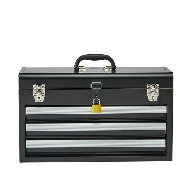 KFFKFF Metal Tool Box, 20.5-inch, Portable Metal Tool Box with 3 Drawers, Small Tool Chest with EVA Liners