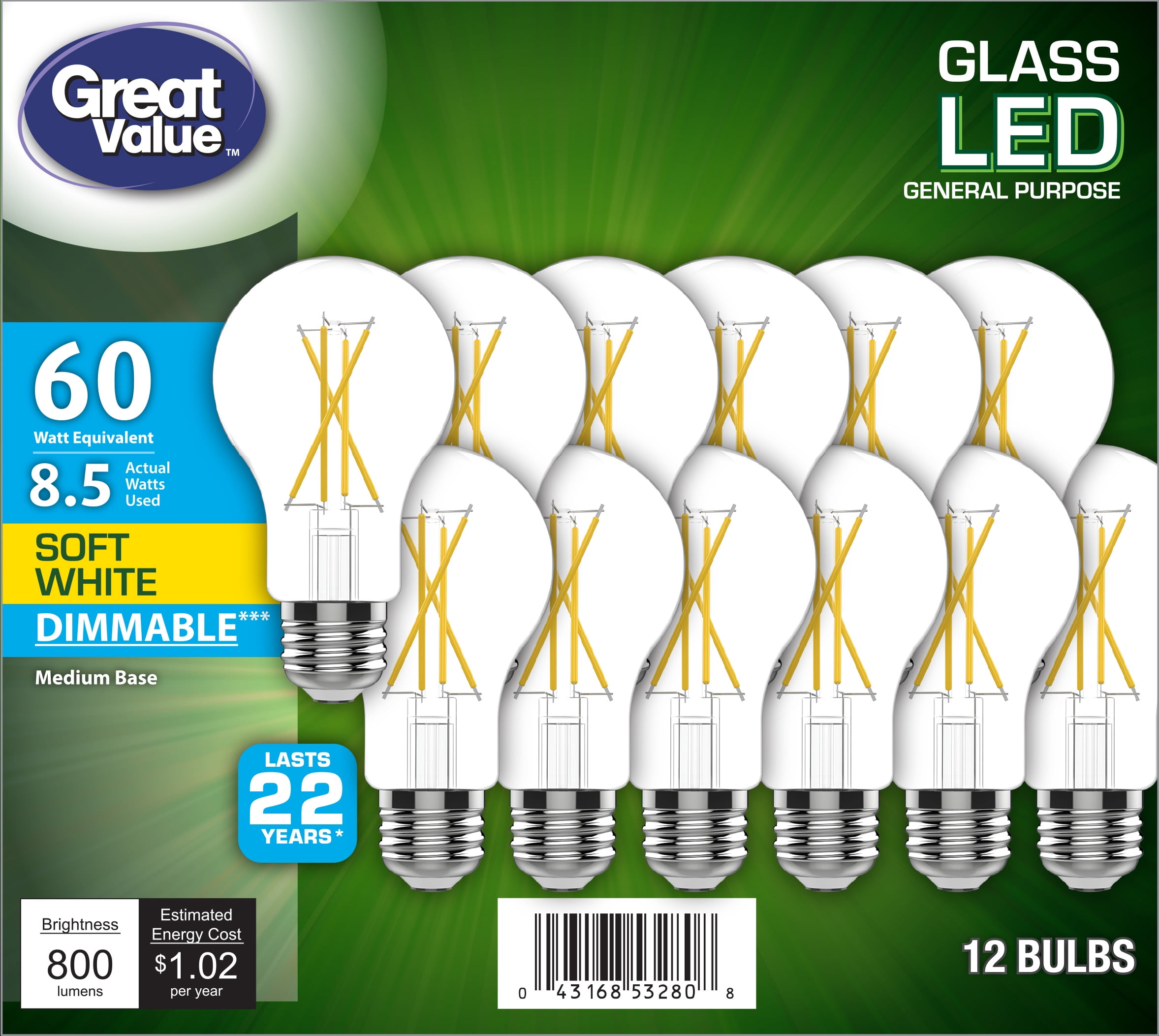 Great Value Led 8W (60W Equivalent) Soft White Color, Clear Light Bulbs, Medium Base, Dimmable, 12pk
