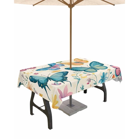 Boanket Outdoor Tablecloth with Umbrella Hole for Patio/Picnic/Party/Camping, Colorful Butterfly Waterproof Table Cloth Rectangle Table Cover Washable, Retro Country Leaves Spring (52"x 70")