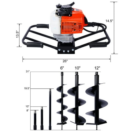 PINGCNG Powerful 2.7HP Gas-Powered 2-Stroke Post Hole Digger with 63cc Engine Two-Person Handle and 3/4” Drill Shaft Size. EPA COMPLAINT Machine includes L6” L10” and L12” Drill Bits