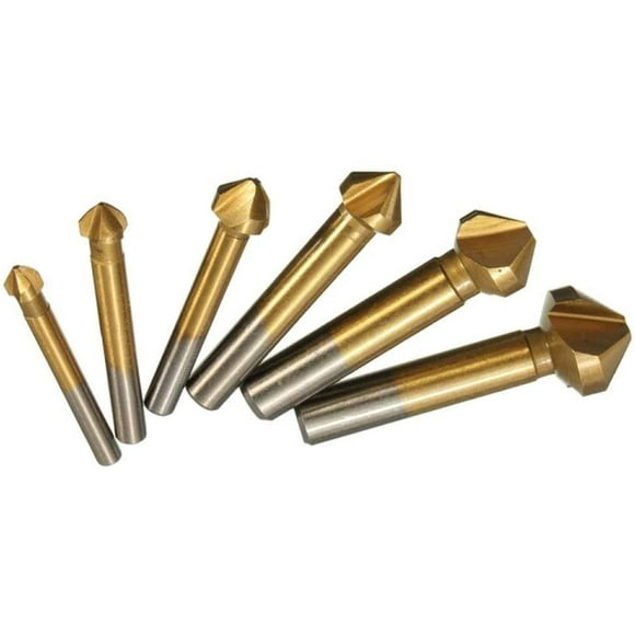 fortag Jeu de 6 pièces 3 Flûte 90 ° Fraise conique recouvert de titane Cône Fraise HSS Senk alésage Fraise conique pour alésoir Ébavureur verticale de rechange 6.3 verticale – 20,5 mm