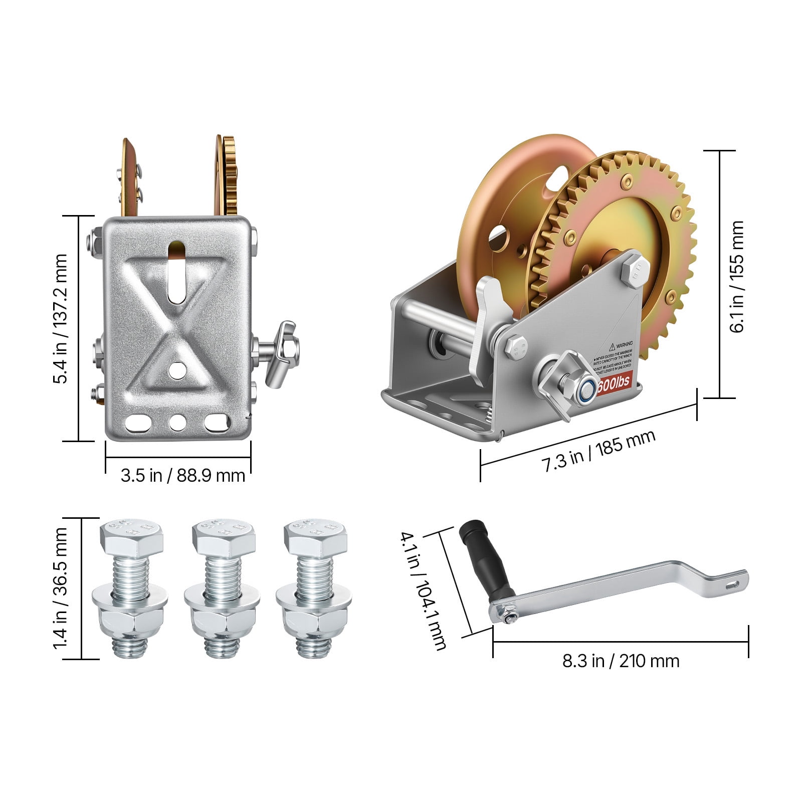 KFFKFF 1600 lbs Hand Winch, Durable Manual Rope Crank with Two-Way Ratchet, 4:1 Gear Ratio, Easy-to-Install Gear for Boat Trailer and ATV Towing