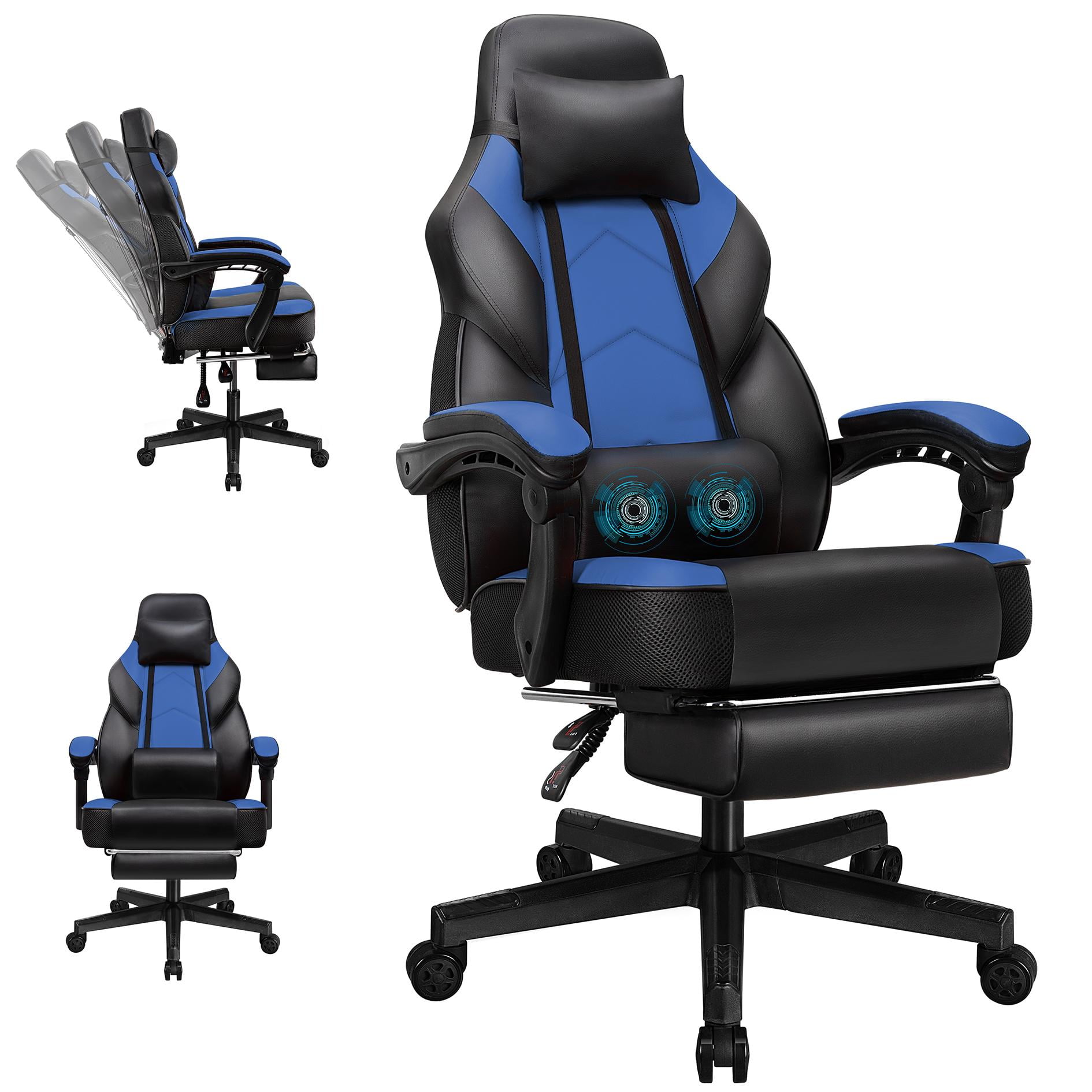 Walsunny Ergonomic Gaming Chair with Adjustable Footrest and Massage Leather Game Chair large gaming chair with Headrest and Lumbar Support for Adults, Blue