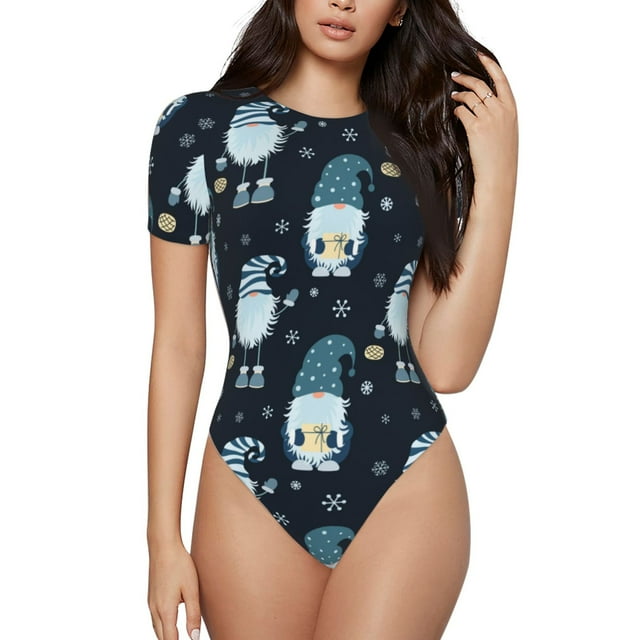 KLL Gnome et Flocons de Neige pour Femmes Justaucorps à Manches Courtes, Justaucorps Aguichant une Pièce Col Rond Justaucorps Gainant Contrôle du Ventre-TTG