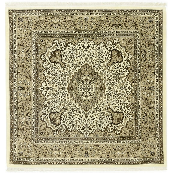 Cream Brown Floral 6X6 Kirman Oriental Square Rug