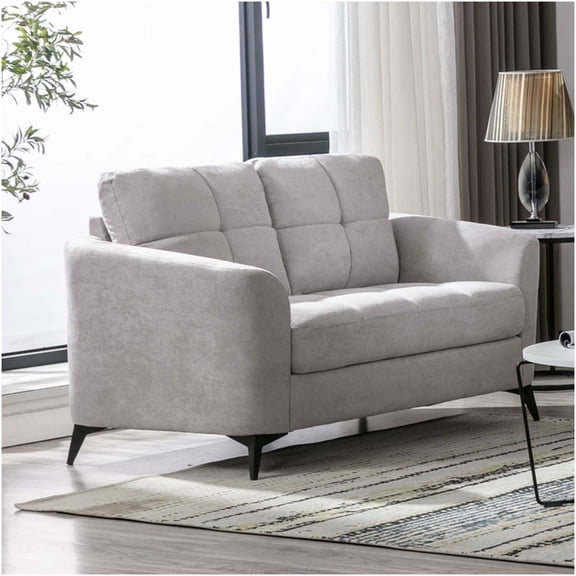 Light Gray Velvet Loveseat Sofa, 60" Modern Tufted Fabric Couch with Black Metal Legs for Living Room