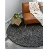Rugs.com Solid Shag Collection Rug – 6 Ft Round Graphite Gray Shag Rug Perfect For Kitchens, Dining Rooms