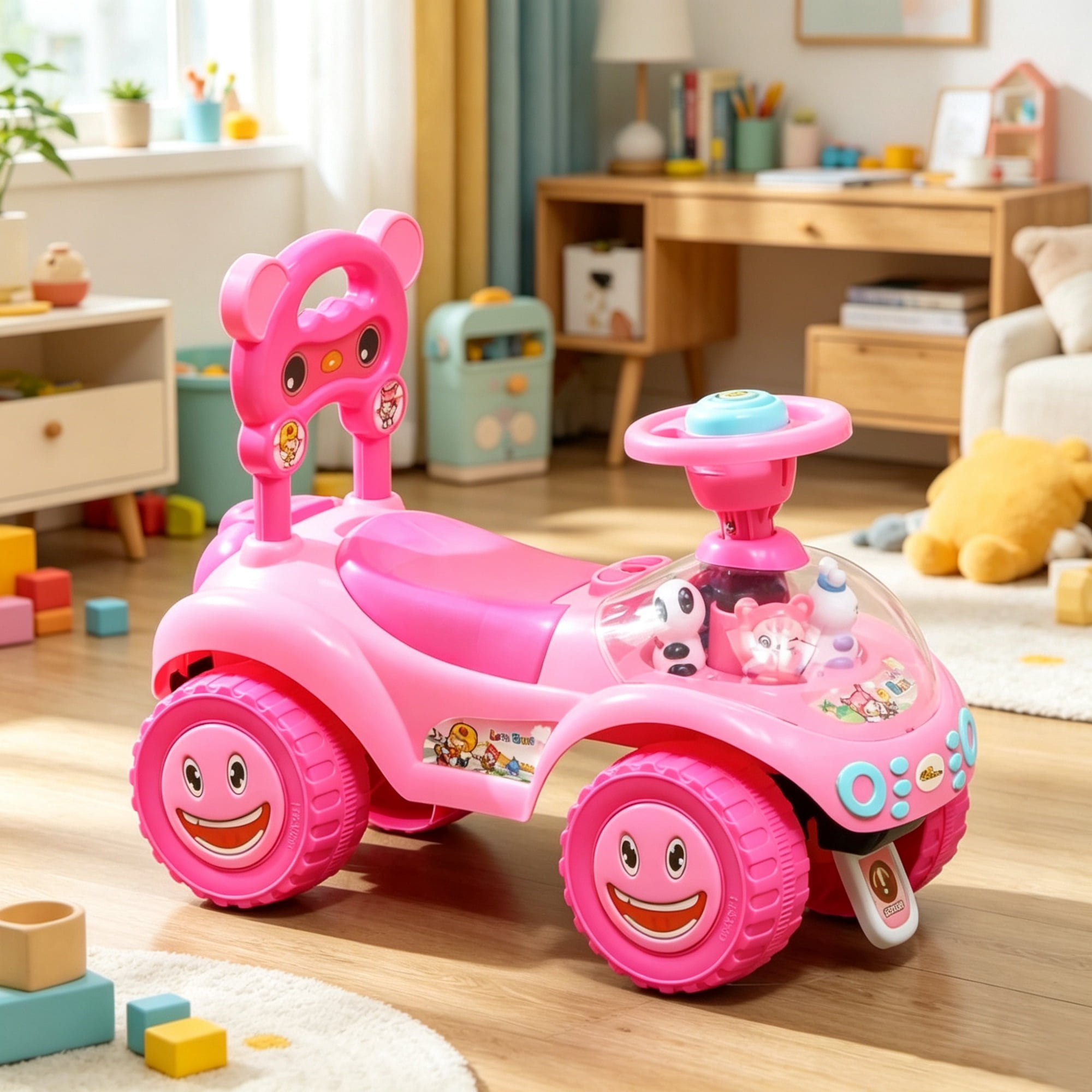 Kids Pink Foot-to-Floor Push Car, Horn, Light & Music, Anti-Tip Backwards Device, Underseat Storage for Toddlers