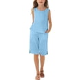 thumbnail image 2 of UACY Girls Linen Set 2 Piece Outfits Sleeveless Camisole Elastic Waist Knee Wide Leg Shorts Summer Outfit (Blue, 5-6 Years), 2 of 7