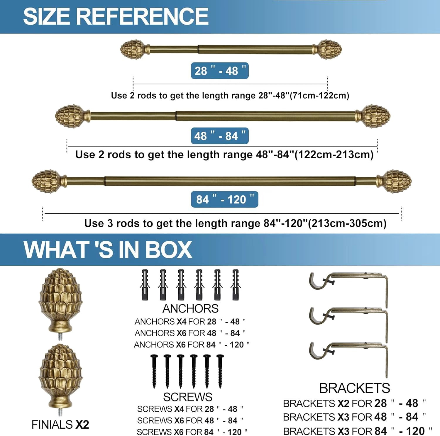Urbanest Adjustable Single Curtain Rod Set with Pinapple Finials – 3/4-Inch Diameter, With Renaissance Gold Rod, 48–84 Inches