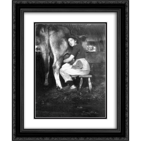 Frank Eugene 2x Matted 20x24 Black Ornate Framed Art Print 'Woman Milking Cow'