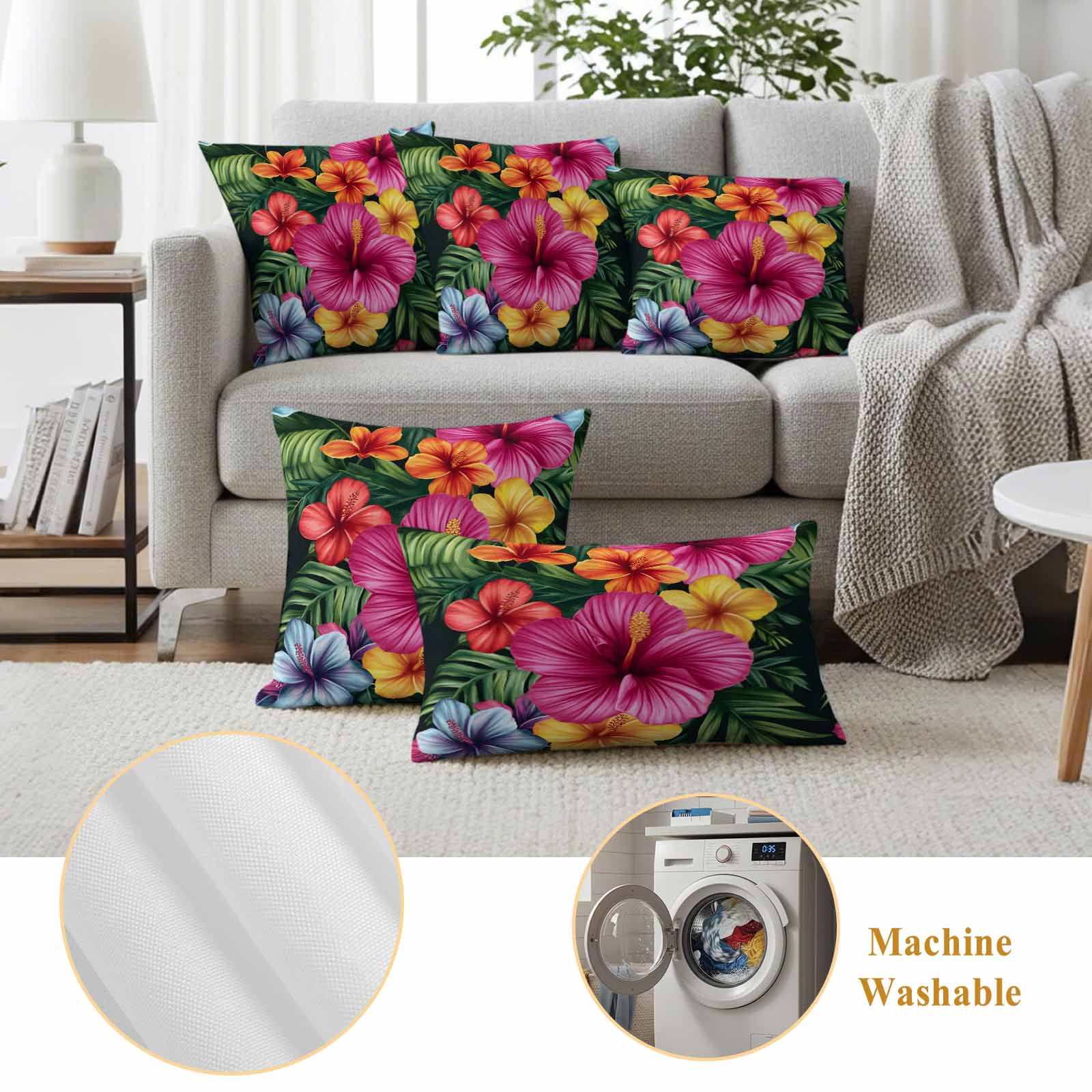 Outdoor Pillow Covers Hibiscus Flower Pink Floral Waterproof Pillow Cases 18x18 Set of 2, Country Watercolor Green Leaves Throw Pillow Cover Pillowcase for Patio Balcony Couch Garden