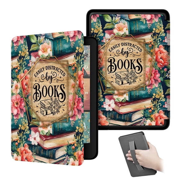 Case for All-New Kindle Paperwhite 12th Gen 2024 and Kindle Colorsoft Signature Edition, Book Lovers Gifts Lightweight PU Leather Cover with Auto Sleep Wake Hand Strap (Easily Distracted by Books)