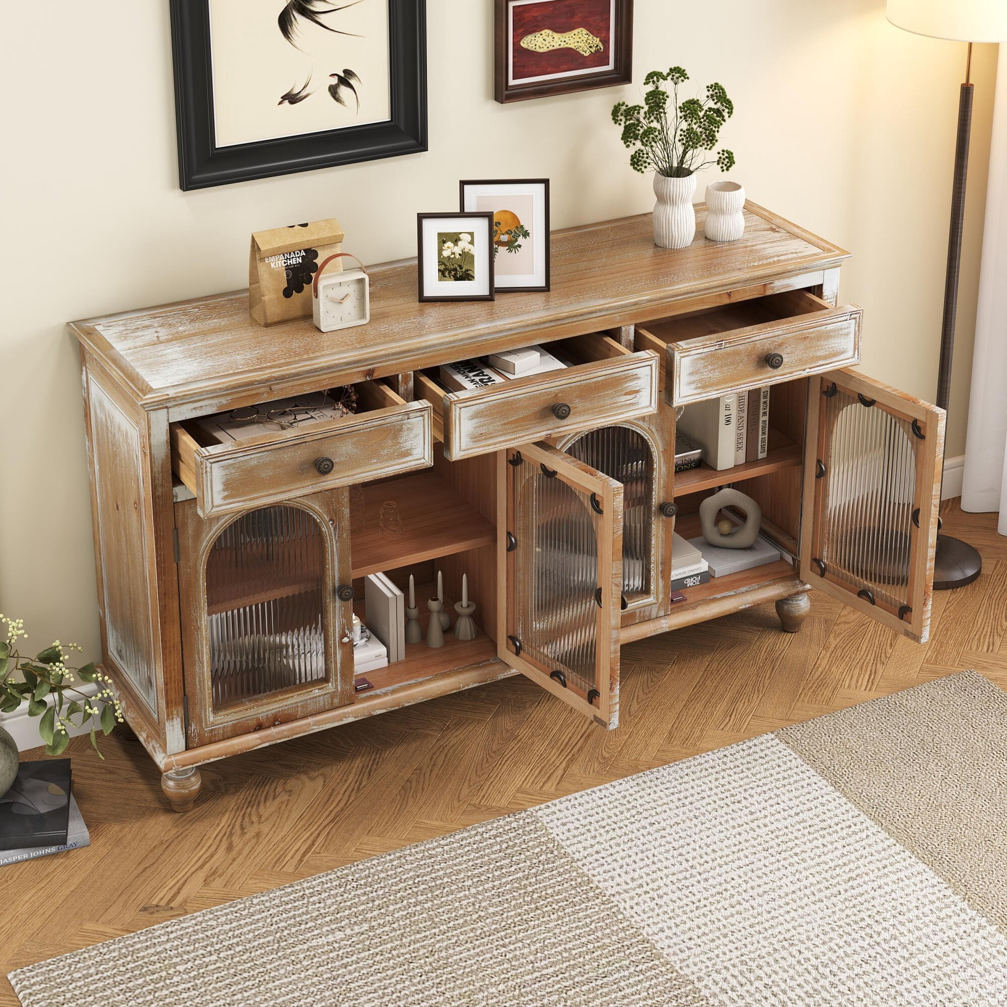 AENKYO 59" Farmhouse Sideboard Buffet, Distressed Wood Credenza with 3 Drawers & 4 Fluted Glass Doors, Natural