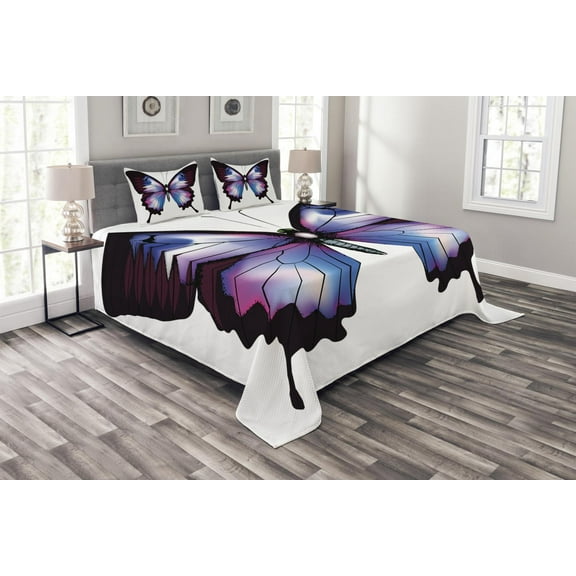 Ambesonne Swallowtail Quilted Bedspread Set 3 Pcs, Vivid Insect, Queen Size, Violet Blue Maroon Pink