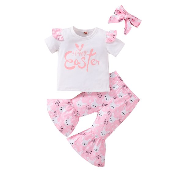 Kids Toddler Baby Girl Easter Outfits Short Sleeve Shirts Letter T-Shirt Bunny Flare Pants 3Pcs Summer Clothes Set