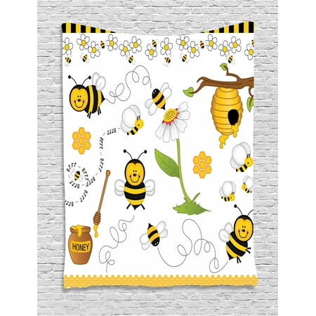 Collage Tapestry Flying Bees Daisy Honey Chamomile Flowers Pollen Springtime Animal Print Wall Hanging For Bedroom Living Room Dorm Decor Yellow