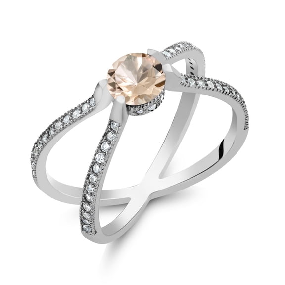 Gem Stone King Round Peach Morganite 925 Sterling Silver "X" Ring 1.18 Ct (Size 5)