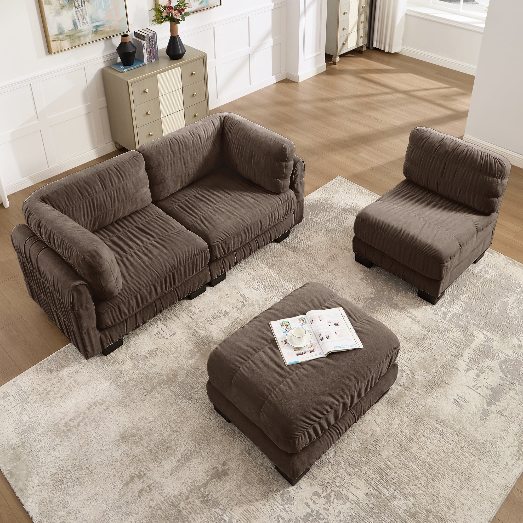 109" L Shape 3 Seat Chenille Modular Sectional Sofa with Movable Ottoman and L Shape Back Cushions