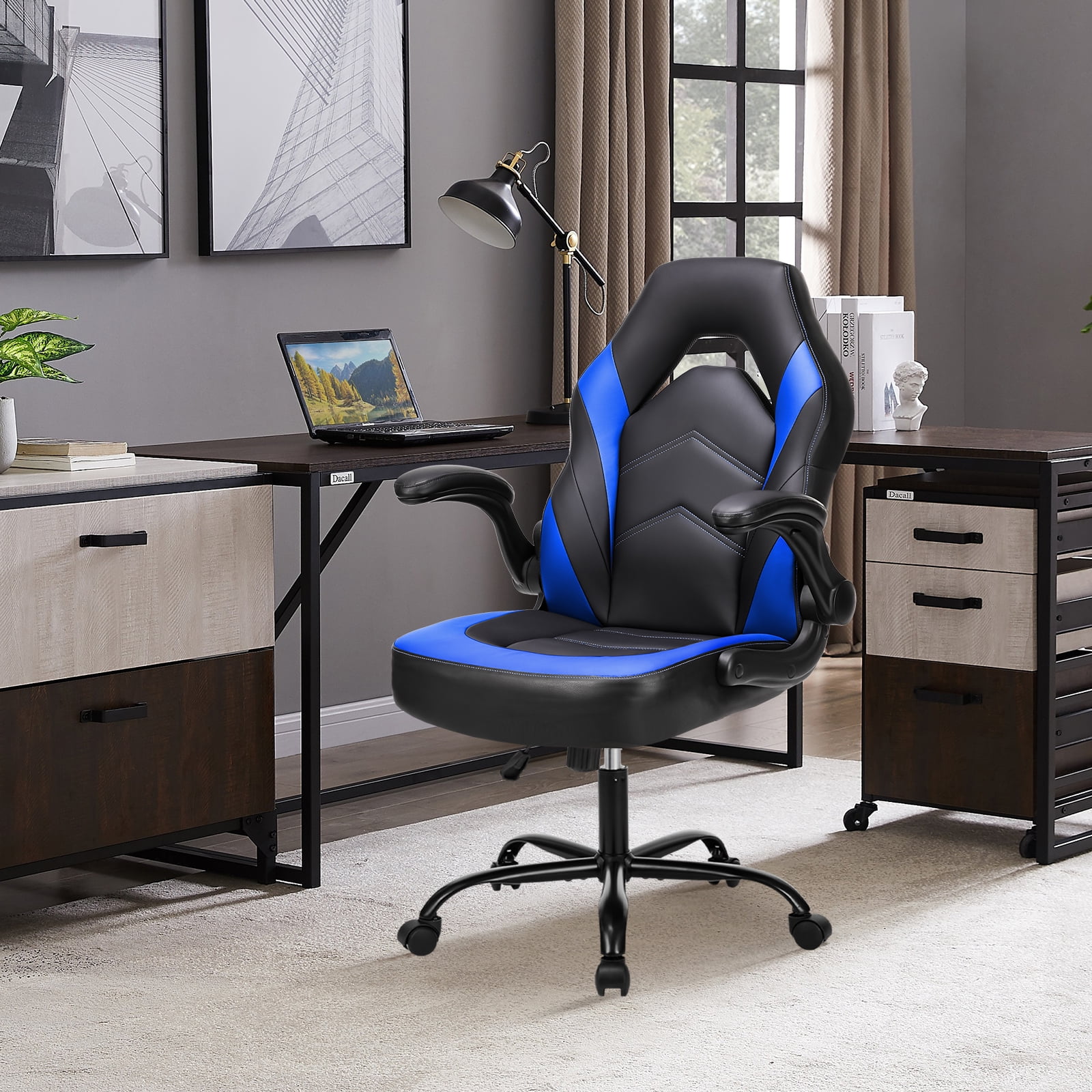 JOINSUN Gaming Chair PU Leather Office Chair Flip-up Soft Armrest Desk Chair Height Adjustable Computer Chair with Lumbar Support Swivel Chair, Black and Blue