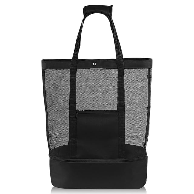 Malla Bolsa de playa con correas de hombro Netificación Tote Reutilizable Picnic Handbag Toddler Toy Storage Carrier Supplies Supplies Organizador Negro Eigraketly OD011035-01B