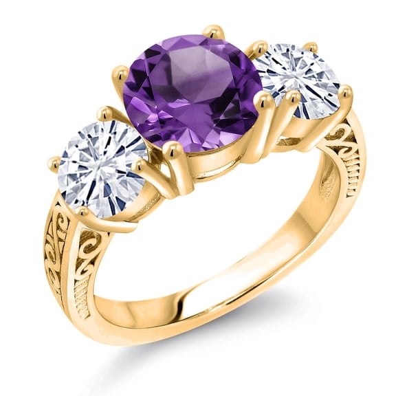 Gem Stone King 18K Yellow Gold Plated Silver Purple Amethyst and White Moissanite Engagement Ring for Women | 3.30 Cttw | Round 8MM | Gemstone February Birthstone | Size 6