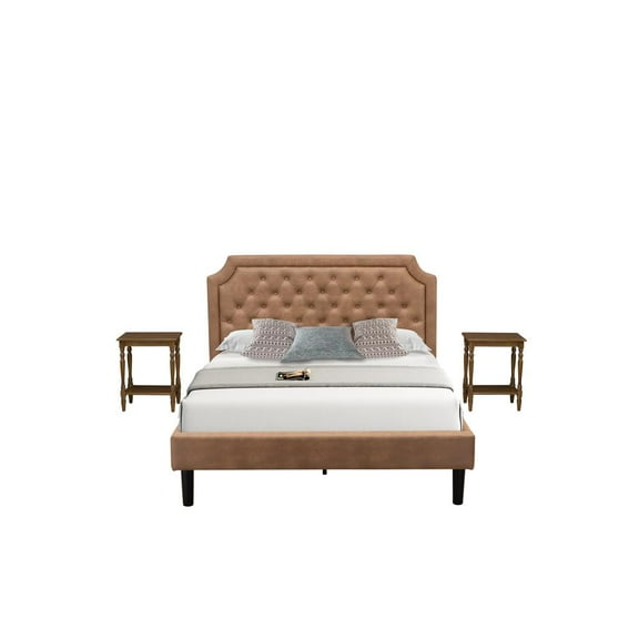 East West Furniture GB28Q-2BF08 3-Piece Granbury Bed Set with a Queen Bed and 2 Antique Walnut Wood Nightstands - Brown Faux Leather and Black Legs