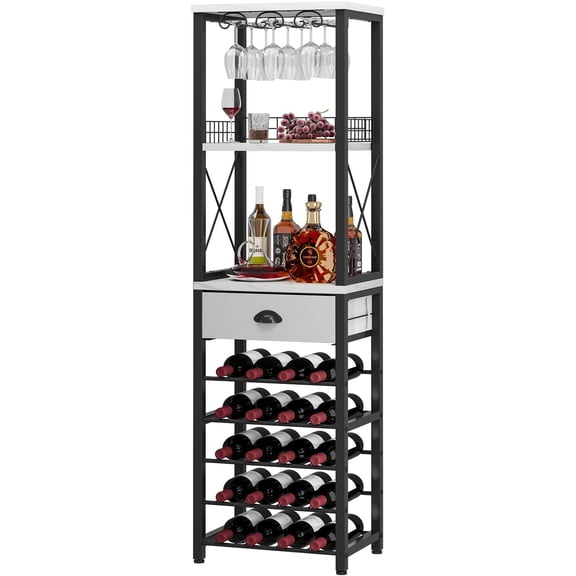 Wine Rack Freestanding Floor, Bar Cabinet for Liquor and Glasses, 4-Tier bar Cabinet with Tabletop, Glass Holder, Storage Drawer and Wine Storage for Home Bar(Patent No.D1009580)