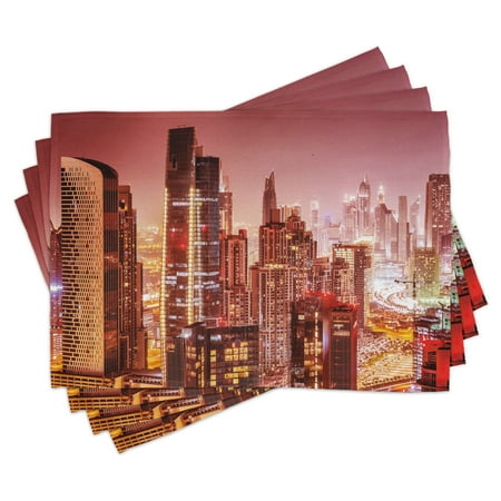 

Cityscape Placemats Set of 4 Dubai at Night Cityscape with Tall Skyscrapers Panorama Picture Arabian Peninsula Washable Fabric Place Mats for Dining Room Kitchen Table Decor Pink Gold by Ambesonne