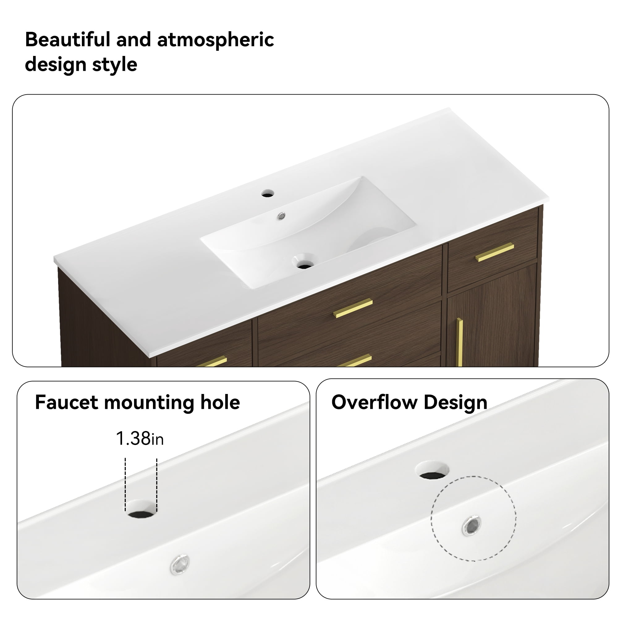 48 Inch Bathroom Vanity with Sink, 7 Drawers, 2 Soft Close Doors, Wood Cabinet, Dark Brown
