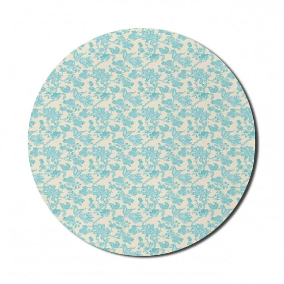 Floral Mouse Pad for Computers, Print of Oriental Style Detailed Flowers and Motifs Blossoming Naturally, Round Non-Slip Thick Rubber Modern Mousepad, 8" Round, Champagne Pale Blue, by Ambesonne