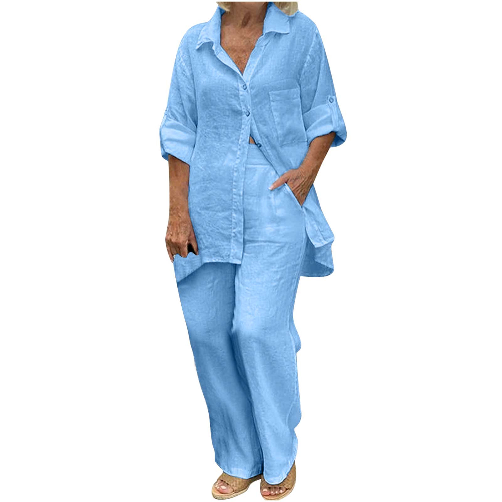 2 Piece Linen Set for Women Plus Size Linen Pants Womens Outfits Dressy ...