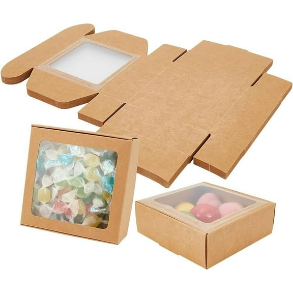 18 Packs 4x4x1.6 Inch Brown Kraft Paper Box with Clear Windows Foldable Paper Gift Box Goodies Candy Box Dessert Box