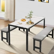 UHOMEPRO Dining Room Table Set, 3-Piece Marble Top Breakfast Nook Dining Table Set with 2 Upholstered Benches, Kitchen Table Set with Metal Frame, Modern Furniture for Home Cafeteria, White