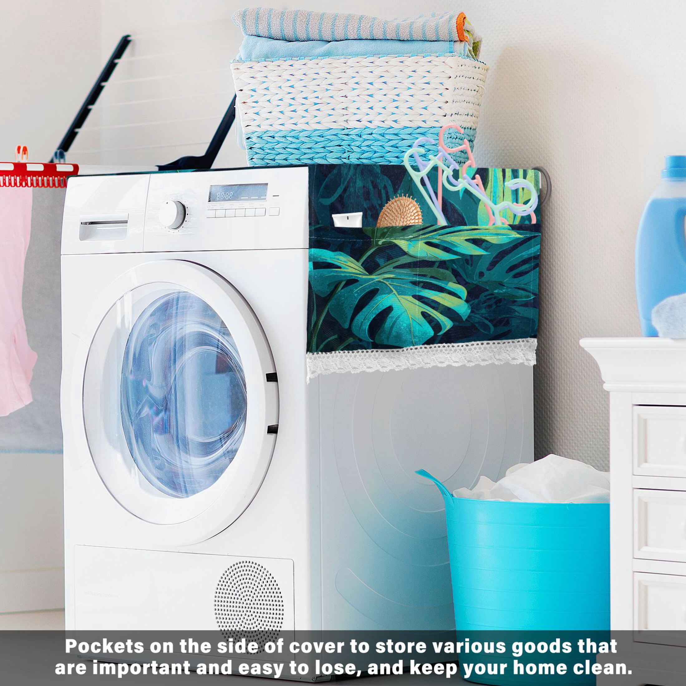 Wobogo Monstera Deliciosa Washing Machine Cover Dustproof Washer Dryer Cover Waterproof Laundry Room Decorative Protector