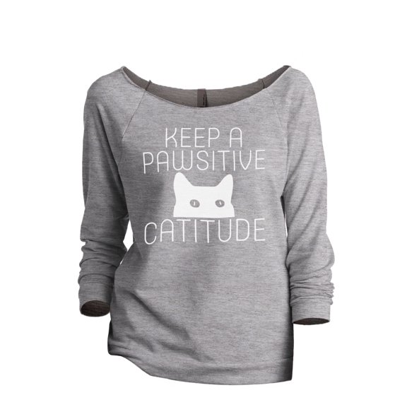 Keep A Pawsitive Catitude Women's Fashion Slouchy 3/4 Sleeves Raglan Lightweight Sweatshirt Sport Grey 2X-Large